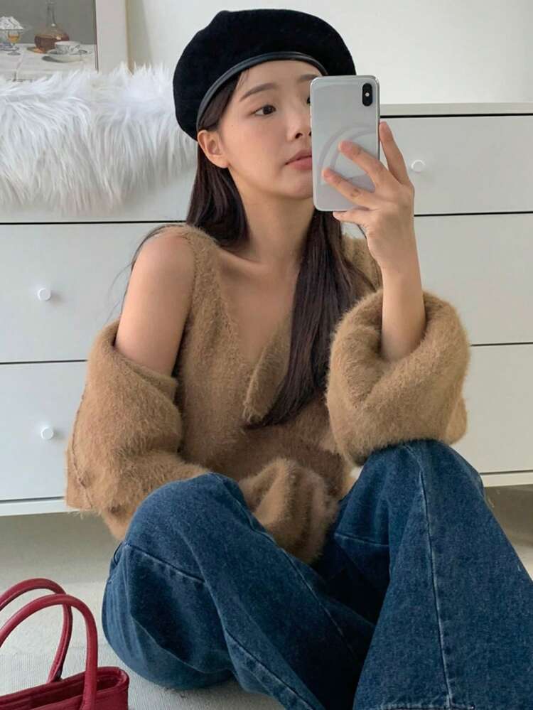 Solid Color Fluffy Knit Cardigan And Knit Top Two-Piece Set Jacket