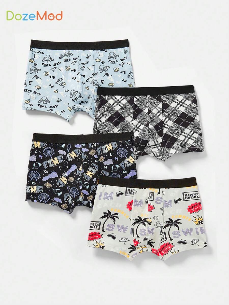 SHEIN 4pcs Tween Boys' Knitted Breathable Boxer Briefs With Cartoon Print And Elastic Waistband - Multicolor - View 1