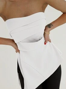 Aloruh 优雅办公室通勤不对称下摆收腰白色抹胸，修身剪裁，开衩下摆，适合约会、度假和音乐会 - 白色 - 查看 5