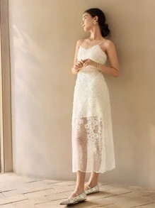 MOTF PREMIUM 花狀裝飾對比網眼雪紡吊帶裙 - 杏色 - 查看 5