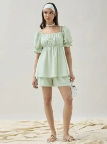 COSMINA Women's Solid Color Puff Sleeve Casual Summer Shirt