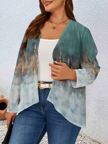 EMERY ROSE Plus Size Women's Vintage Pattern Open Front Coat, Autumn Casual Long Sleeve Jacket Suitable For Fall & Winter - Multicolor - View 1