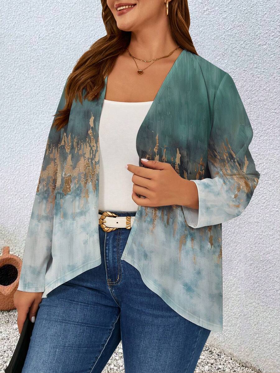 EMERY ROSE Plus Size Women's Vintage Pattern Open Front Coat, Autumn Casual Long Sleeve Jacket Suitable For Fall & Winter - Multicolor - View 1