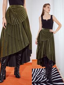 MOTF PREMIUM 金屬亮絲百褶不對稱半身裙 - 橄欖綠 - 查看 9
