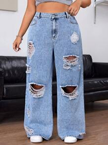 SHEIN EZwear Plus Size Casual Wide-Leg Distressed Washed Boyfriend Jeans - Blue - View 3