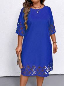 大码女士纯色简洁日常镂空连衣裙，适合夏季 - 藍色 - 查看 1