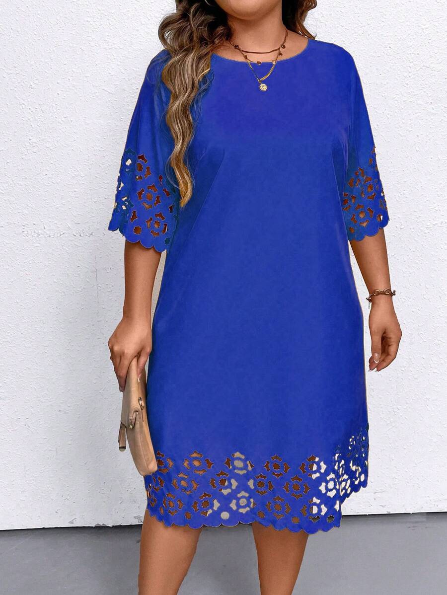 大码女士纯色简洁日常镂空连衣裙，适合夏季 - 藍色 - 查看 1