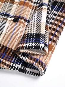 Manfinity Homme Men's Plus Size Casual Single-Breasted Plaid Striped Long Sleeve Shacket With Pockets, Men Plaid Jacket, Men Plaid Shacket, Men Plaid Overshirt - Khaki - View 4