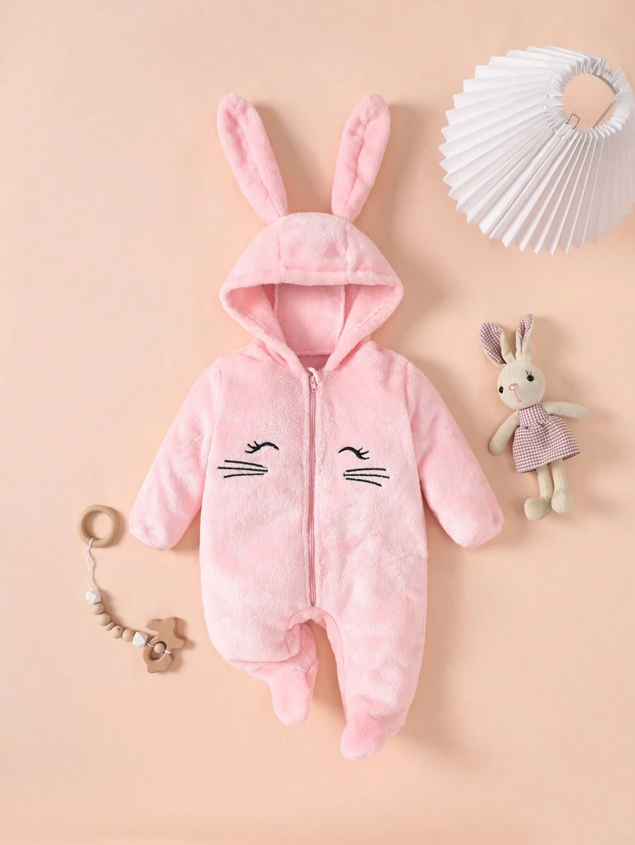SHEIN 女婴睡衣，可爱柔软粉色兔子，睫毛刺绣眼睛和灵活耳朵设计，长袖连帽连体衣家居服 - 粉色 - 查看 1