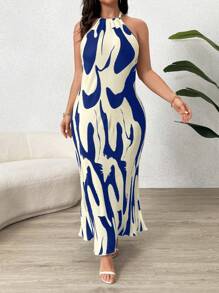 SHEIN Clasi Plus Size Sleeveless Allover Print Dress With Back Buttons, Casual And Vacation Style Maxi Women Outfit - Royal Blue - View 5