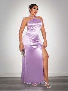 SHEIN SXY Elegante vestido de noche largo de satén, sexy vestido de graduación para fiesta de regreso a clases para mujeres