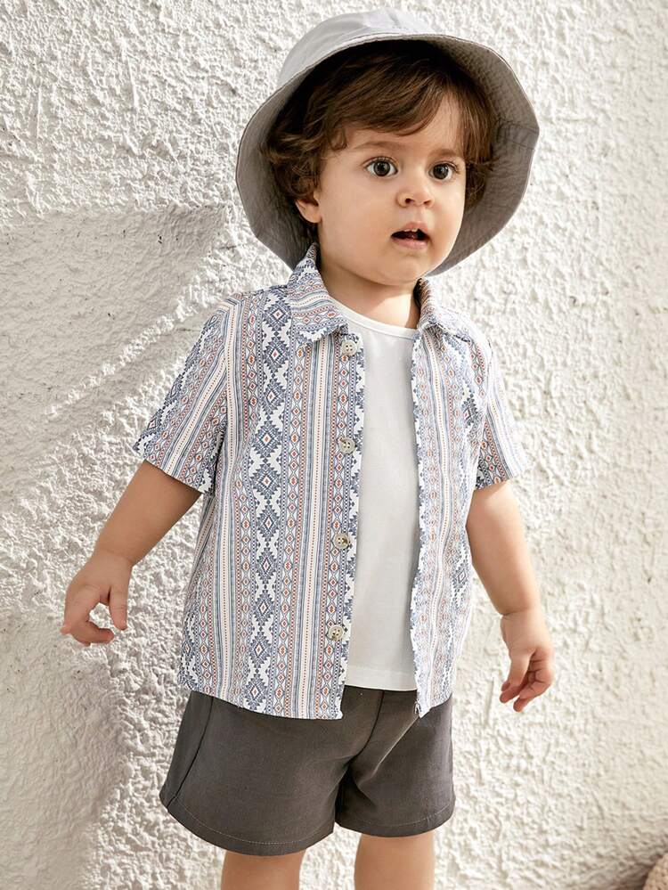 Baby Boy Solid Knitted Soft Round Neck Sleeveless Vest, Short Sleeve Shirt And Casual Shorts 3pcs/Set