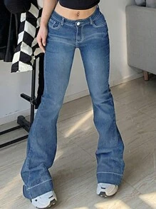 女士Y2K街头风低腰休闲喇叭牛仔裤，返校季，春秋季 - 中等水洗藍 - 查看 2
