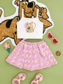 SCOOBY-DOO X SHEIN Baby Girl Cartoon Dog Printed Cami Top And Sweet Pink Pleated Skirt, Summer