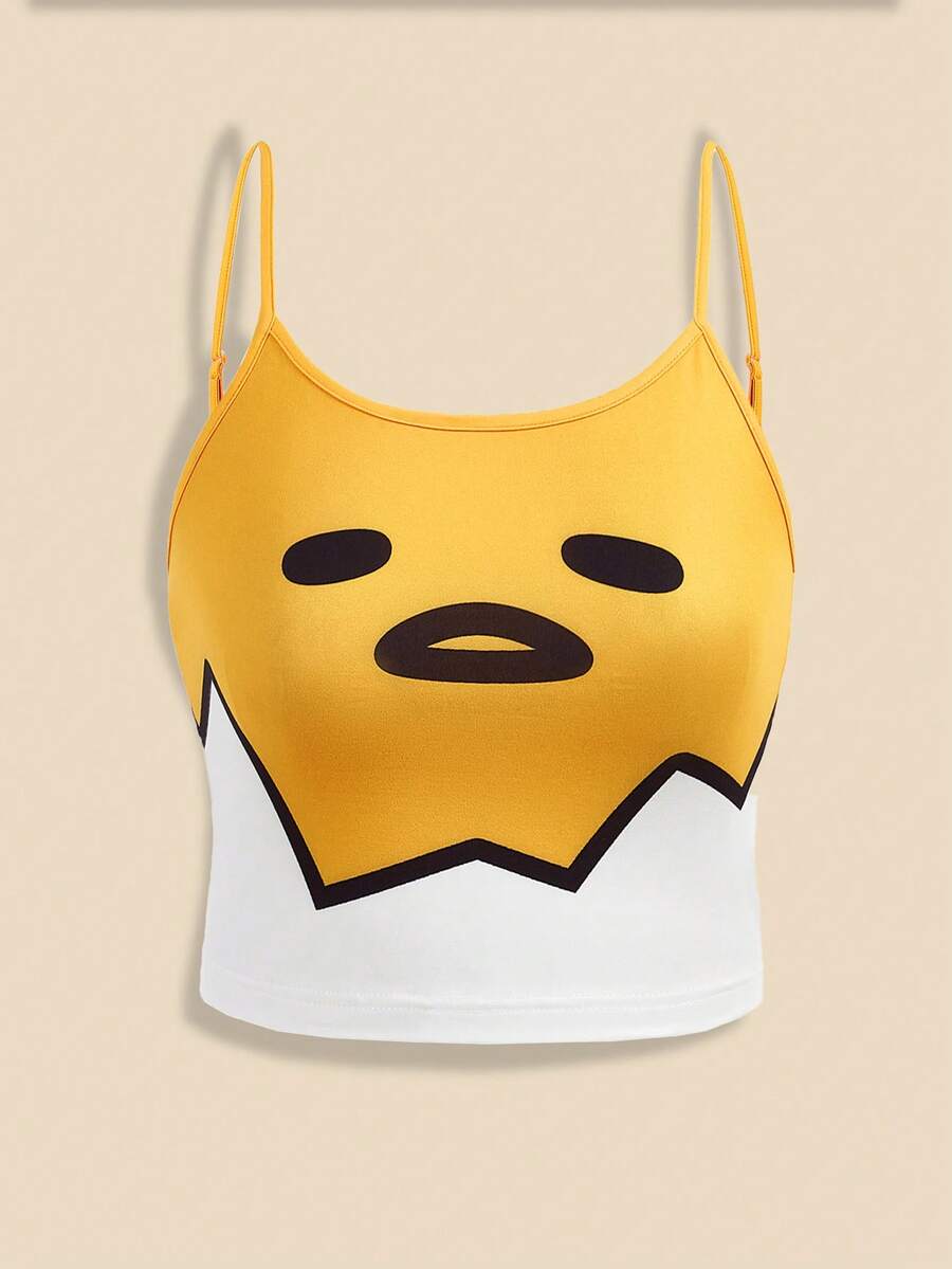 Gudetama X SHEIN Yellow Egg Pattern Cute Casual Summer Tight Crop Camisole Top - Yellow - View 1