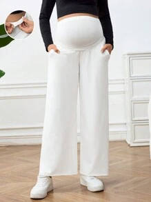 SHEIN Maternity Solid Color Wide Leg Pants, Super High Waist Adjustable Elastic Waistband, Loose & Long, Suitable For Slouchy & Casual, Spring & Summer - White - View 1