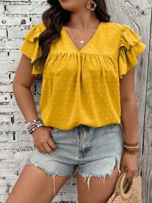 SHEIN Holidaya Camisa casual festiva con volantes de talla grande y unicolor - Amarillo - Ver 5