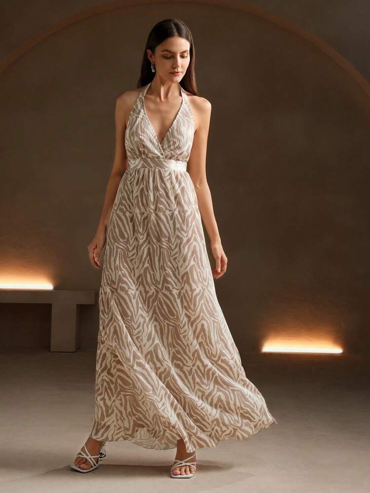 Women's Animal Print Maxi Backless Halter Dress
