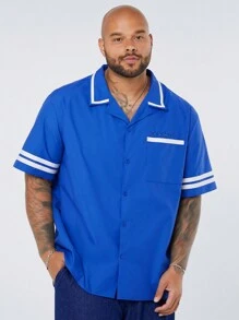 Manfinity VCAY Men's Plus Size Casual Woven Letter Printed Turn-Down Collar Short Sleeve Shirt, Suitable For Summer And Daily Wear - Blue - View 3