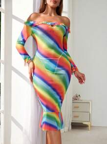 Sexy Rainbow-Colored See-Through Mesh Lingerie Dress, Off-Shoulder, 2pcs/Set - Multicolor - View 4