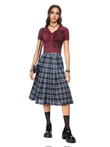 ROMWE Academia 复古天使元素印花 Polo 领学院风女式 T 恤，学校 - 紅色 - 查看 2