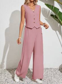 SHEIN Frenchy Women's Solid Color Simple Daily Wear Sleeveless Top And Long Pants Vacation 2pcs Set