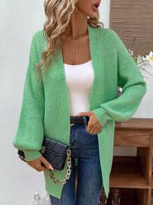 SHEIN LUNE Women's Spring & Autumn Casual Solid Color Lantern Sleeve Cardigan - Green - View 6
