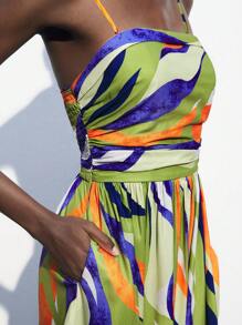 Maija 2025春夏初秋独立日七月装毕业季装适合休闲优雅校园细肩带彩色印花百搭百褶连衣裙女士适合校园生活 - 藏蓝色 - 查看 3