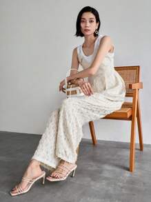 FRIFUL 女士夏季休閒純色流蘇細肩吊帶連身褲 - 米色 - 查看 1