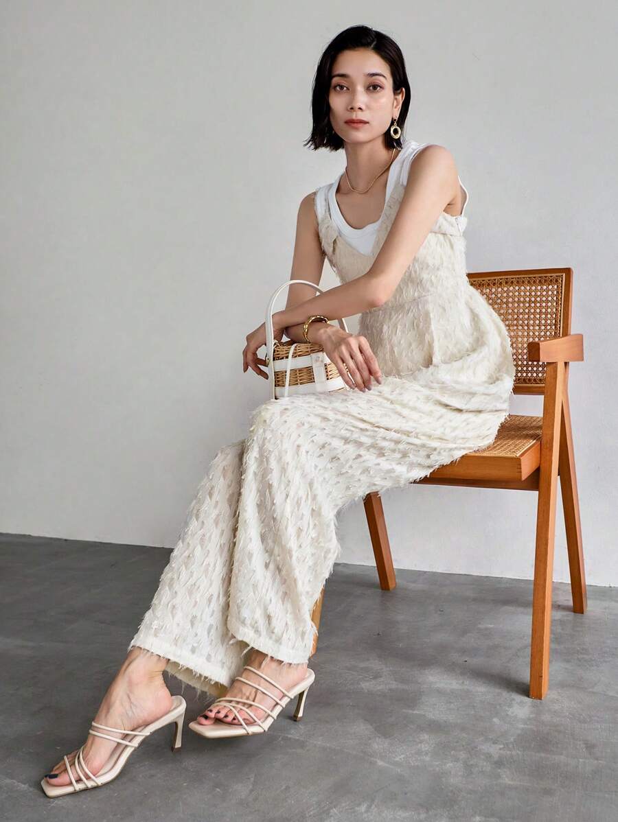 FRIFUL 女士夏季休閒純色流蘇細肩吊帶連身褲 - 米色 - 查看 1