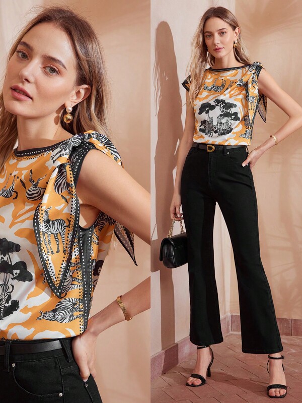 MOTF PREMIUM ZEBRA AND PLANTS PRINT BOW DETAIL BATWING SLEEVE BLOUSE,CHIC BLOUSE