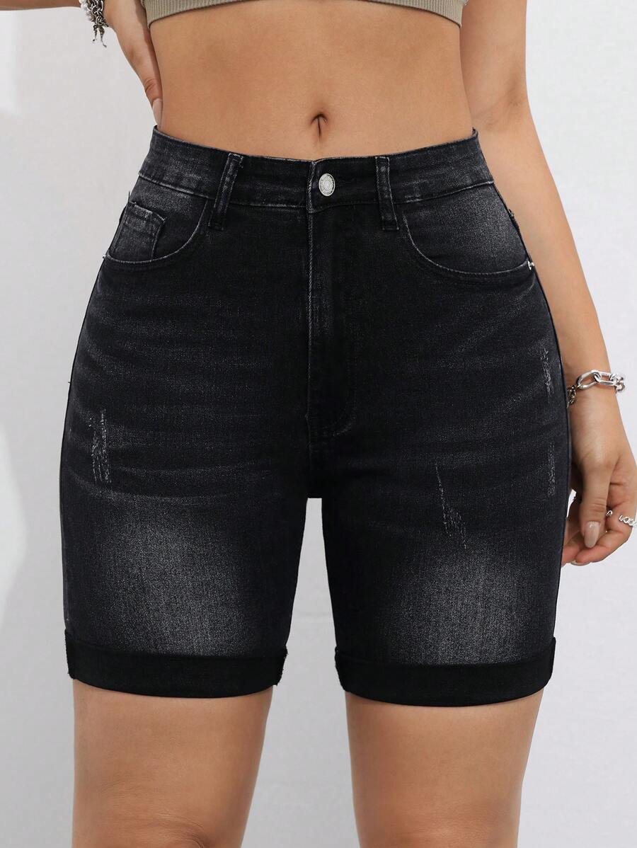 SHEIN Essnce Ladies' Fashionable Rolled Hem Denim Shorts For Summer - Black - View 1