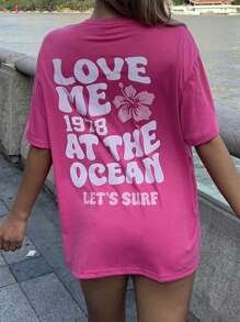 SHEIN EZwear Casual "Love" Slogan & Hibiscus Print Oversized Women Short Sleeve T-Shirt Adequado para Outdoor, Praia Pullover - Rosa Quente - Ver 5