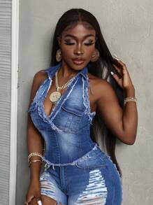 SHEIN Slayr Women's Frayed Edge Denim Jacket With Hanging Strap, Summer - Medium Wash - View 4