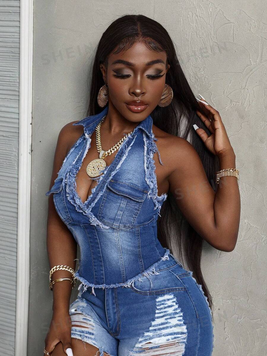 SHEIN Slayr Women's Frayed Edge Denim Jacket With Hanging Strap, Summer