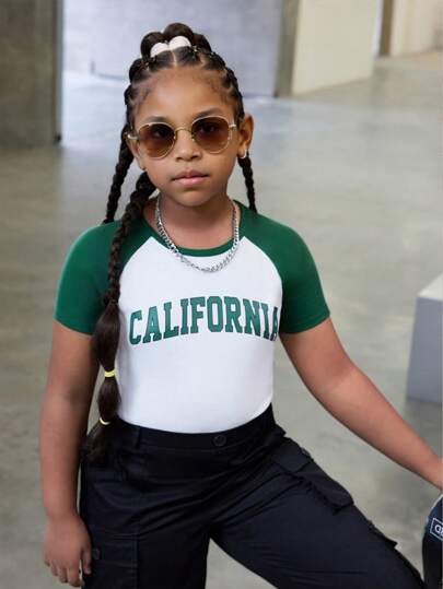 SHEIN Tween Girl Extended Size Sporty And Casual, Knitted Color-Blocking Round Neck Raglan Sleeve Short-Sleeved Top, Spring/Summer