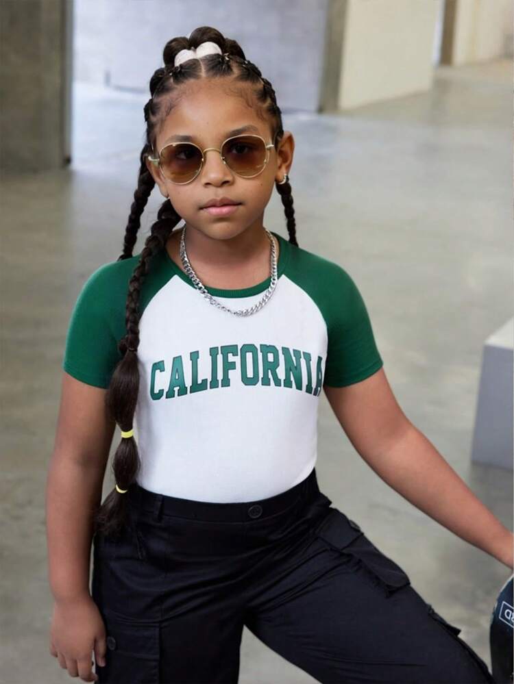 Tween Girl Extended Size Sporty And Casual, Knitted Color-Blocking Round Neck Raglan Sleeve Short-Sleeved Top, Spring/Summer