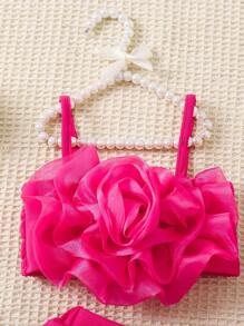 SHEIN Playful Pals 3入組嬰兒女童春夏裝，熱粉色花卉印花上衣搭配斜挎包和短褲，可愛優雅，適合日常休閒穿著 - 玫瑰紅 - 查看 4