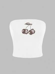 SHEIN EZwear 女性休閒豹紋和櫻桃圖案白色緊身無肩帶上衣，適合夏季穿著 - 白色 - 查看 3