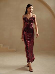 Anewsta Elegant & Sexy Deep V-Necked Sequined 3D Flower Backless Women's Dress For New Year Holiday Party Clothes Maxi Women Outfit