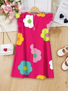 SHEIN ModeFlare Wear Tween Girl's Casual Simple Cartoon Flower Pattern Ruffle Sleeve Dress, Suitable For Summer - Multicolor - View 2