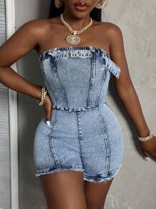Slaydiva Summer Casual Slim Fit Denim Strapless Romper, Washed - Light Wash - View 7