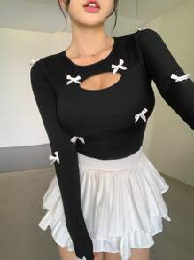 DAZY Áo thun nữ dài tay ôm sát có nơ trang trí mùa thu mới - màu đen - Xem 8