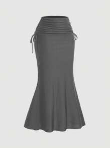 SHEIN MOD 优雅春夏高腰、侧抽绳、腰褶、鱼尾下摆、长裙 - 灰色 - 查看 3