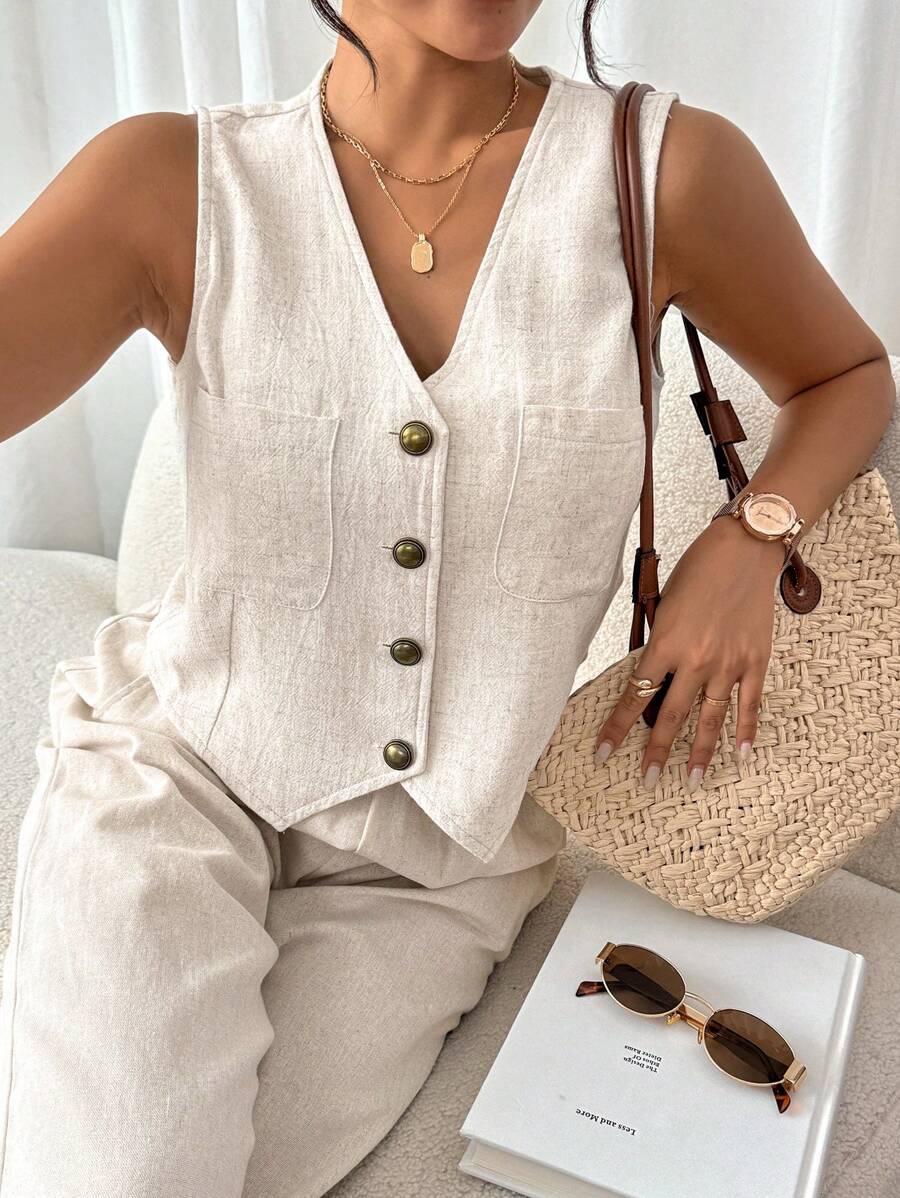 SHEIN Frenchy 纽扣前口袋贴布衬衫亚麻面料背心秋季女装老款风格教师服装商务女装教师衬衫 V 领背心亚麻面料通勤简约办公室老款简约 - 杏色 - 查看 1