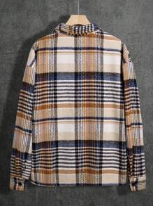 Manfinity Homme Men's Plus Size Casual Single-Breasted Plaid Striped Long Sleeve Shacket With Pockets, Men Plaid Jacket, Men Plaid Shacket, Men Plaid Overshirt - Khaki - View 2