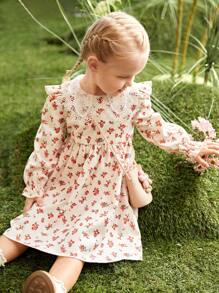 SHEIN 女孩花邊蕾絲禮服，襯托荷葉邊領口和下擺，長袖，適合度假、旅行和派對，春秋季節 - 彩色 - 查看 1