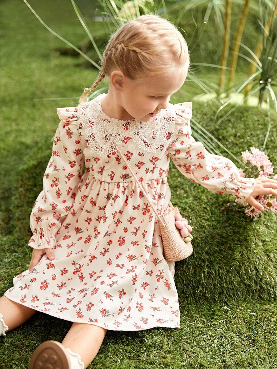 SHEIN 女孩花邊蕾絲禮服，襯托荷葉邊領口和下擺，長袖，適合度假、旅行和派對，春秋季節 - 彩色 - 查看 1