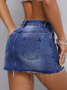 SHEIN PETITE Váy denim đơn giản giản dị dành cho nữ - Rửa tối - Xem 2