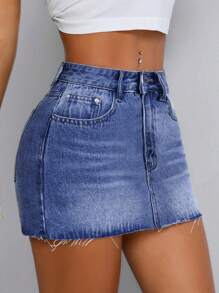 SHEIN PETITE Váy denim đơn giản giản dị dành cho nữ - Rửa tối - Xem 3